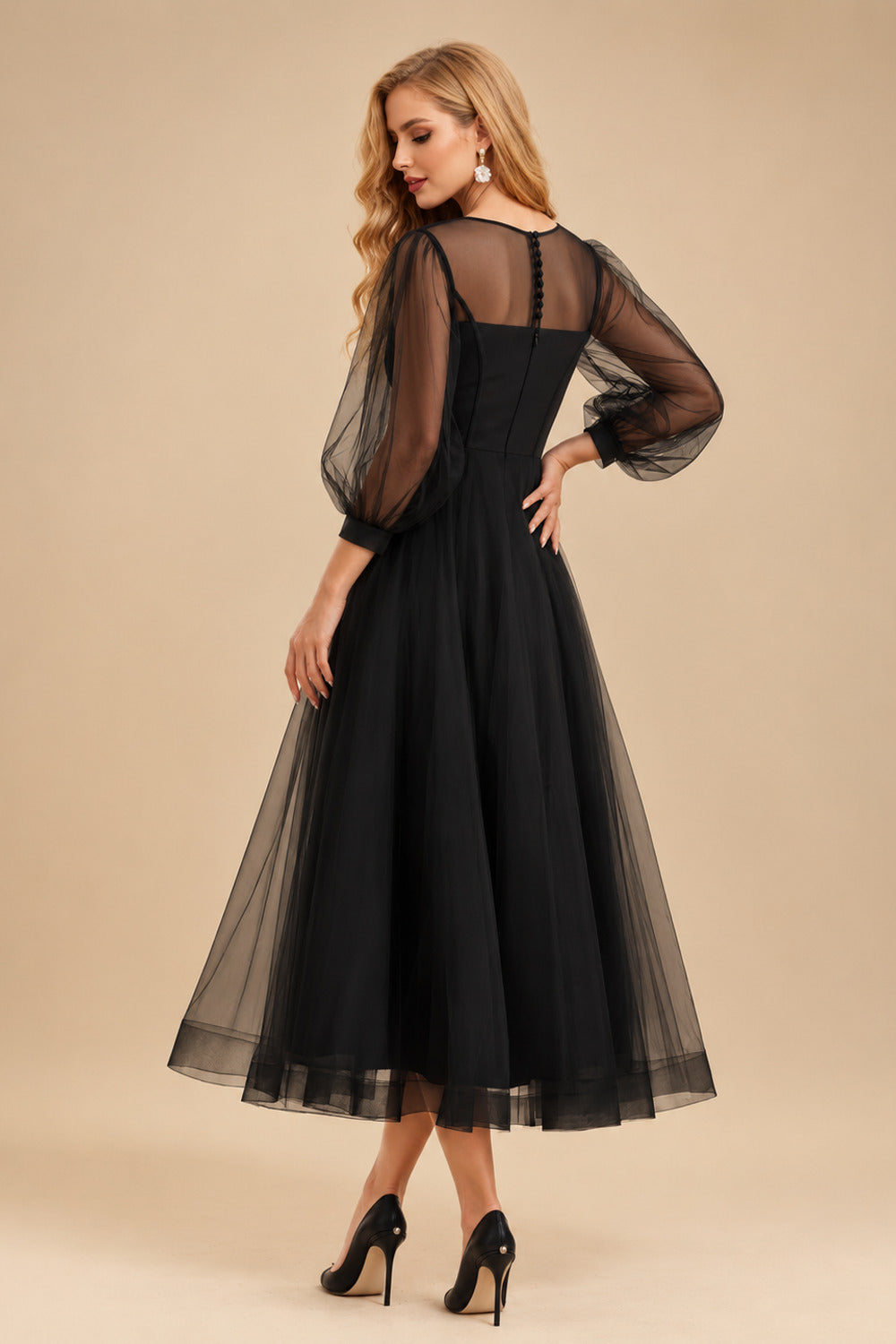 Rutipo Black A-Line Illusion Neck Long Sleeves Tea-Length Black Tulle Wedding Dresses
