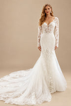Rutipo Ivory Trumpet/Mermaid V-Neck Sheer Lace Sleeves Elegant Lace/Tulle Wedding Dresses