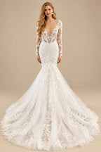 Rutipo Ivory Trumpet/Mermaid V-Neck Sheer Lace Sleeves Elegant Lace/Tulle Wedding Dresses