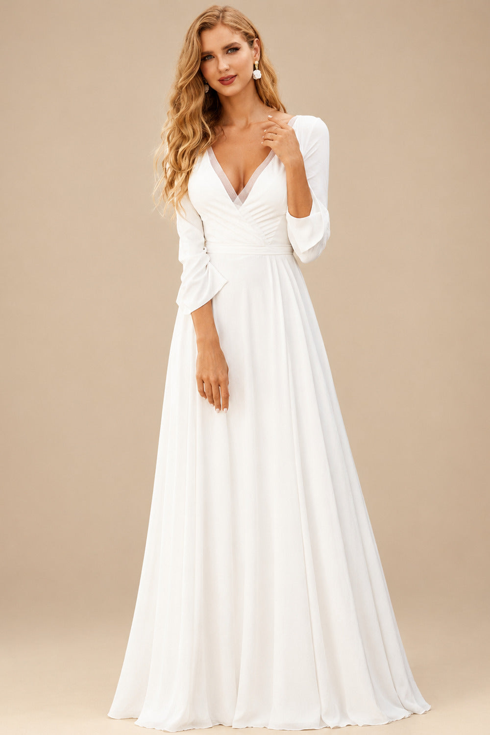 Rutipo Ivory Boho A-Line V-neck Long Sleeves Chiffon Wedding Dresses With Appliques Lace
