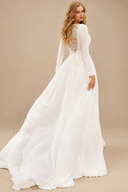 Rutipo Ivory Boho A-Line V-neck Long Sleeves Chiffon Wedding Dresses With Appliques Lace