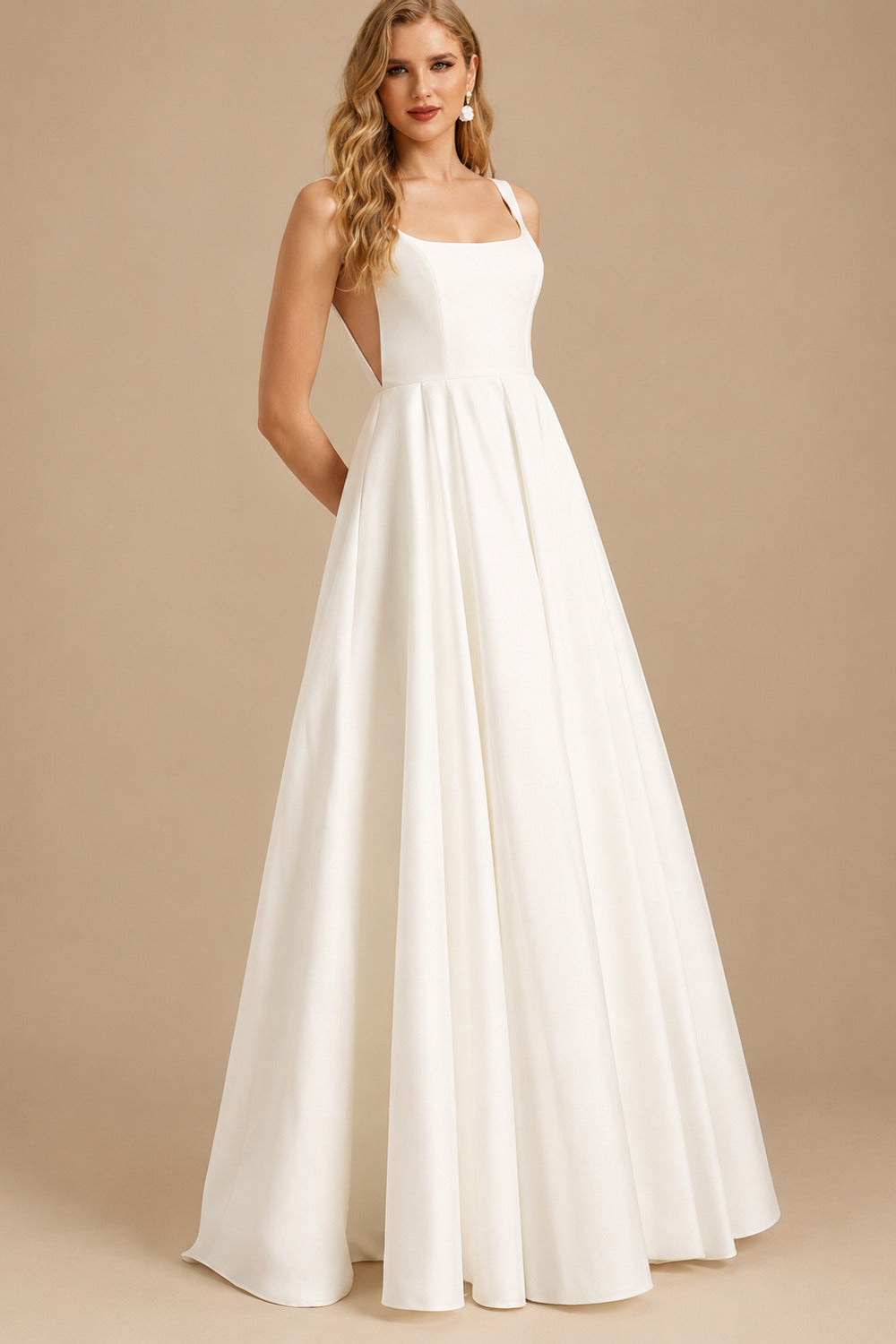 Rutipo Ivory A-Line Square Neckline Sleeveless Sweep Train Satin Wedding Dresses