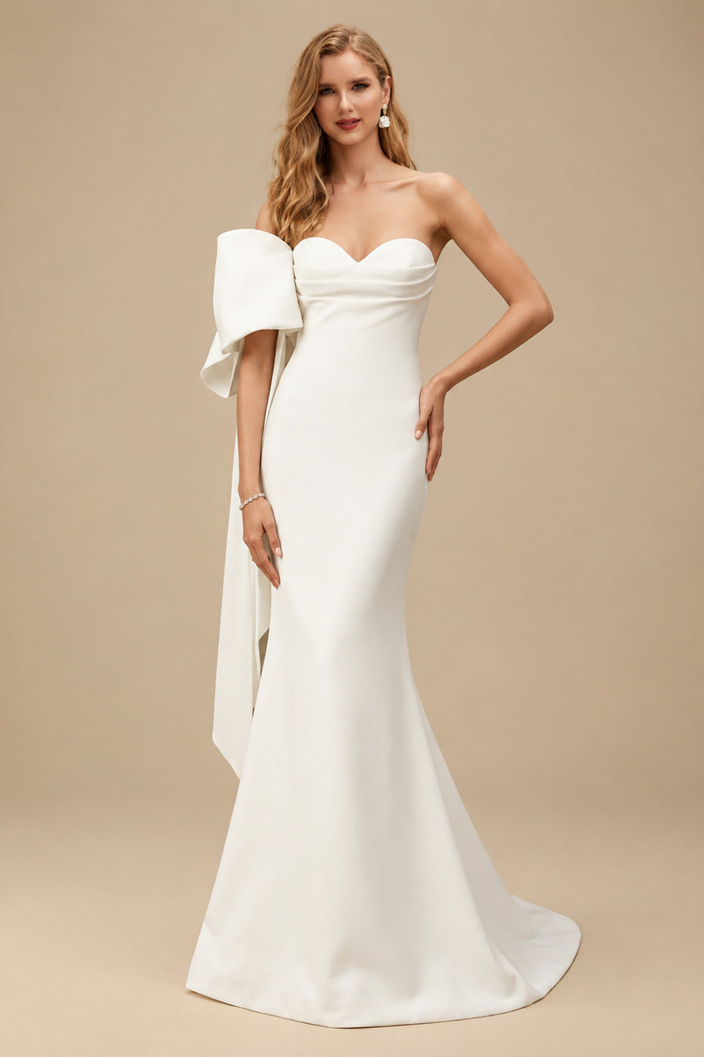Rutipo Ivory Mermaid Sweetheart Sleeveless Sweep Train Elastic Satin Wedding Dresses With Bow(s)