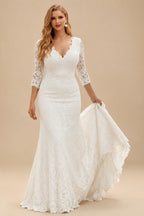 Rutipo Ivory Plus Size Elegant Mermaid Lace Sleeves Wedding Dresses With V-Neck