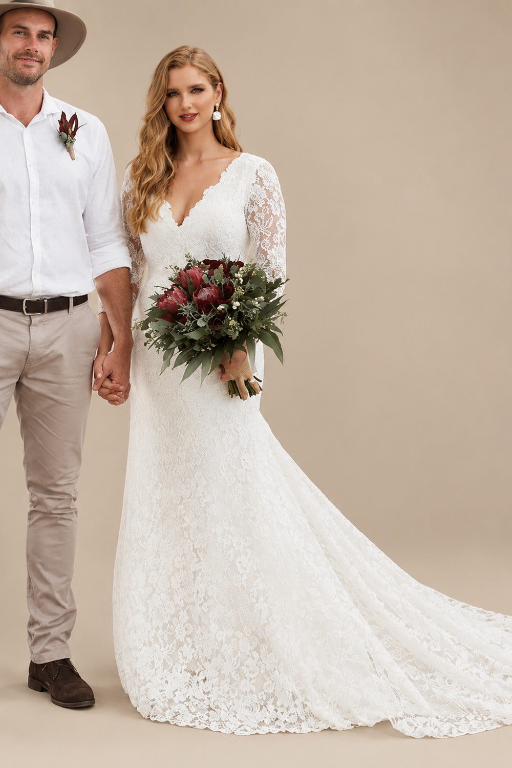 Rutipo Ivory Plus Size Elegant Mermaid Lace Sleeves Wedding Dresses With V-Neck