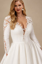 Rutipo Ivory Plus Size Satin Ball-Gown Plunge Long Sleeves Wedding Dresses With Appliques Lace