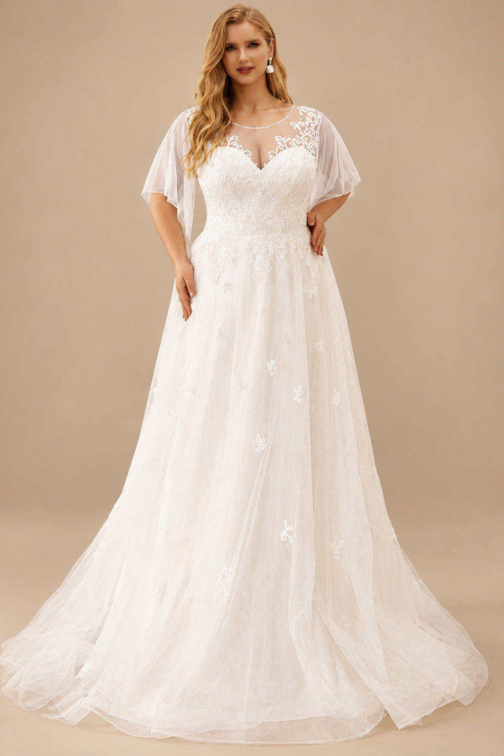 Rutipo Ivory Plus Size Elegant Lace A-Line Wedding Dresses With Illusion Neck Short Sleeves