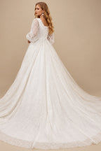 Rutipo Ivory Sparkly Plus Size Ball Gown V-Neck Long Sleeves Wedding Dresses