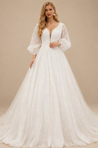 Rutipo Ivory Sparkly Plus Size Ball Gown V-Neck Long Sleeves Wedding Dresses