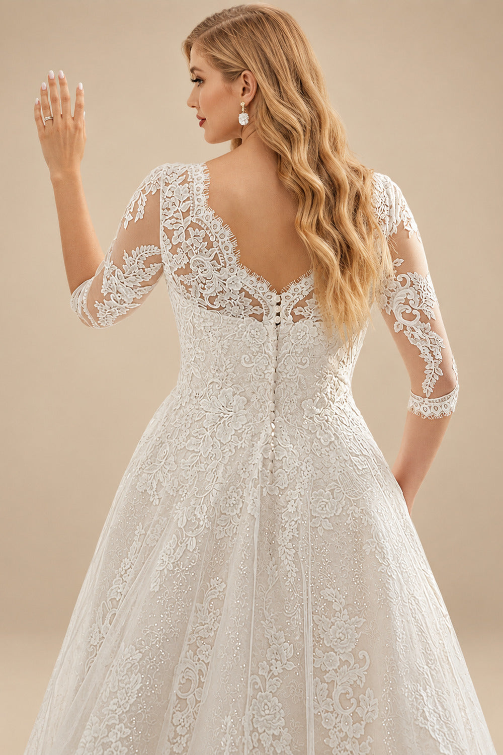 Rutipo As Picture Plus Size Boho A-Line Illusion Neck Wedding Dresses With Lace/Tulle Sleeves