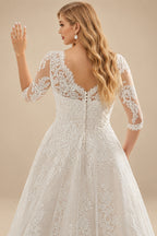 Rutipo As Picture Plus Size Boho A-Line Illusion Neck Wedding Dresses With Lace/Tulle Sleeves