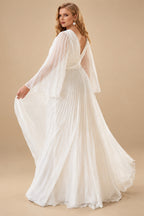 Rutipo Ivory Plus Size Boho A-Line V-Neck Long Sleeves Pleated Wedding Dresses With Chiffon