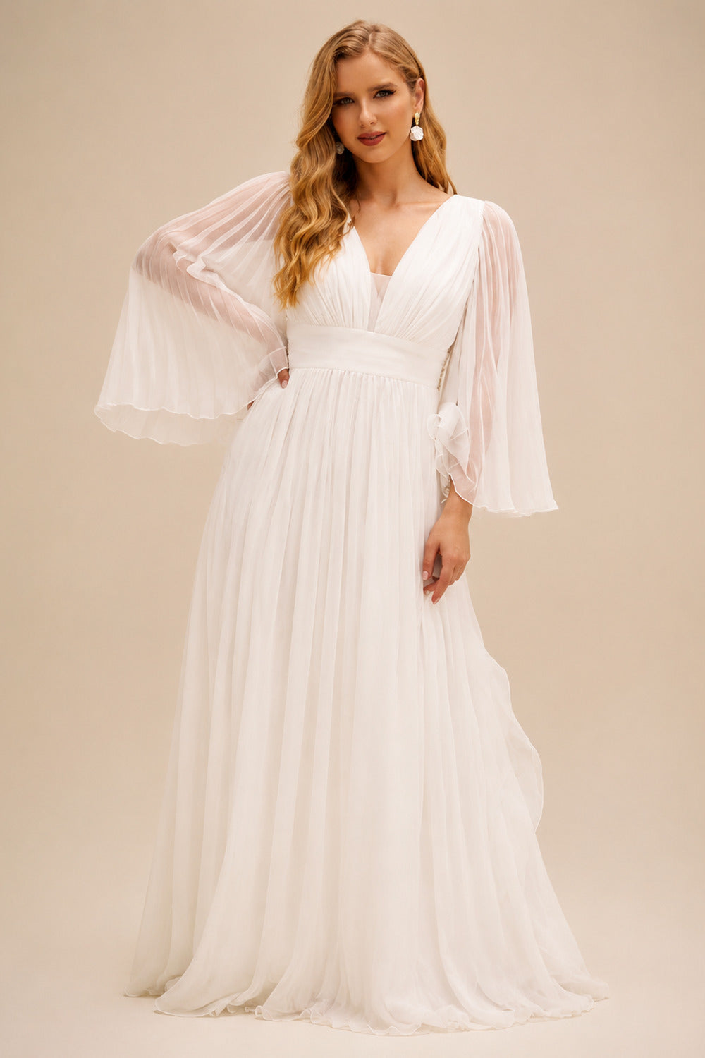 Rutipo Ivory Plus Size Boho A-Line V-Neck Long Sleeves Pleated Wedding Dresses With Chiffon