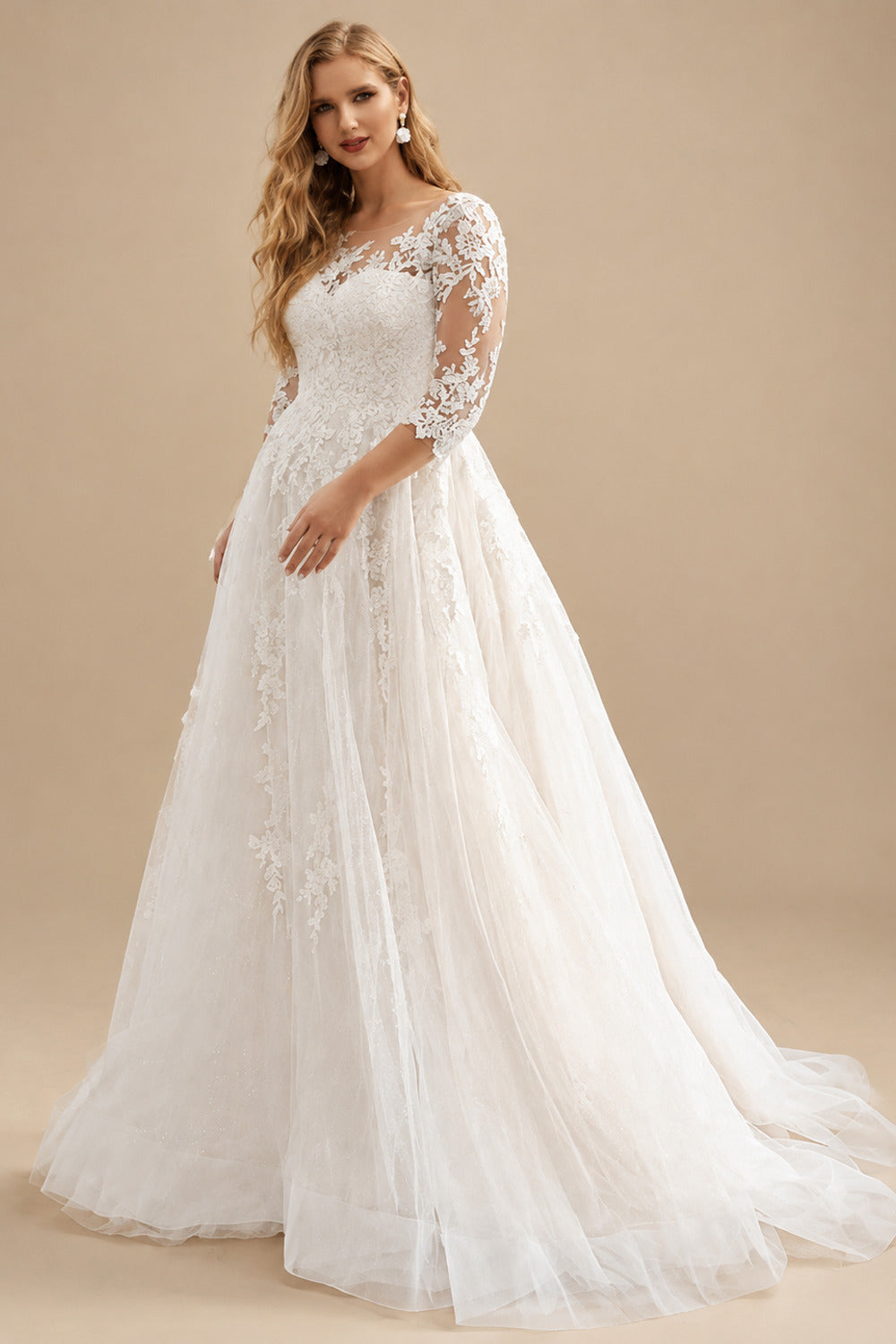Rutipo As Picture Elegant Plus Size A-Line Sleeves Lace/Tulle Wedding Dresses With Illusion Neck