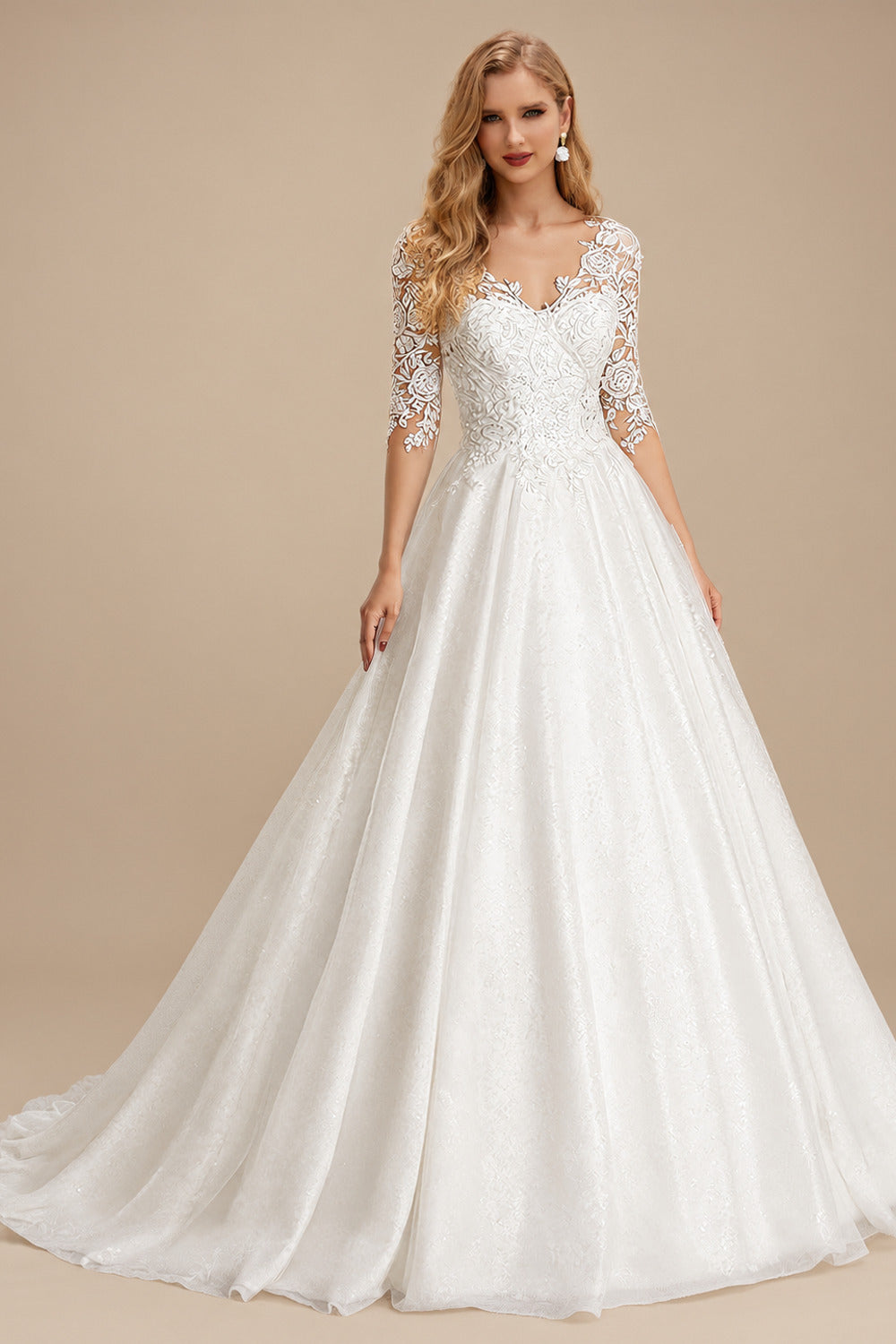 Rutipo Ivory Curve Elegant Ball Gown V-Neck Sleeves Wedding Dresses With Appliques Lace