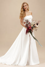 Rutipo Ivory A-Line Strapless Sleeveless Sweep Train Satin Wedding Dresses