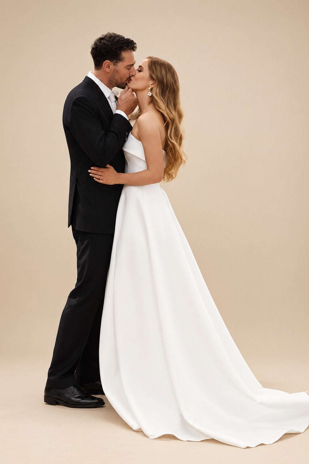 Rutipo Ivory A-Line Strapless Sleeveless Sweep Train Satin Wedding Dresses