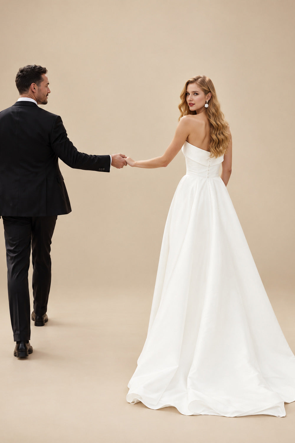 Rutipo Ivory A-Line Strapless Sleeveless Sweep Train Satin Wedding Dresses