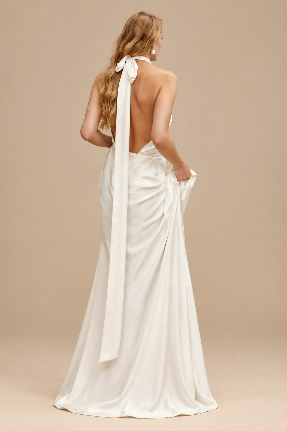 Rutipo Ivory Open Back Halter Sleeveless Sweep Train Silk Like Satin Wedding Dresses