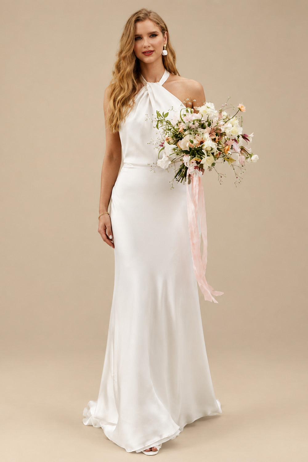 Rutipo Ivory Open Back Halter Sleeveless Sweep Train Silk Like Satin Wedding Dresses