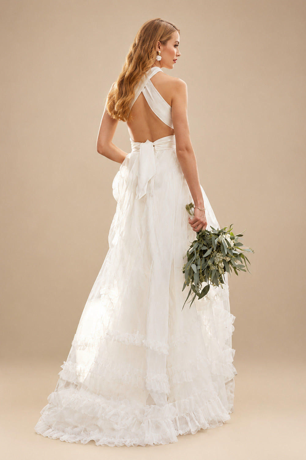 Rutipo Ivory A-Line Halter Sleeveless Sweep Train Silk Like Satin Wedding Dresses