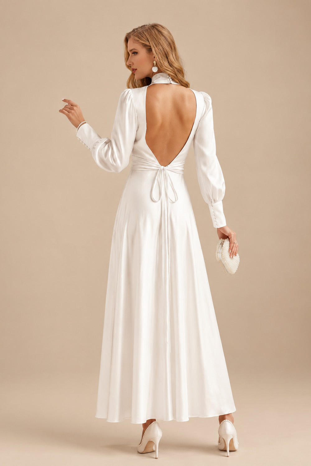 Rutipo Ivory A-Line High Neck Long Sleeves Ankle-Length Silk Like Satin Wedding Dresses