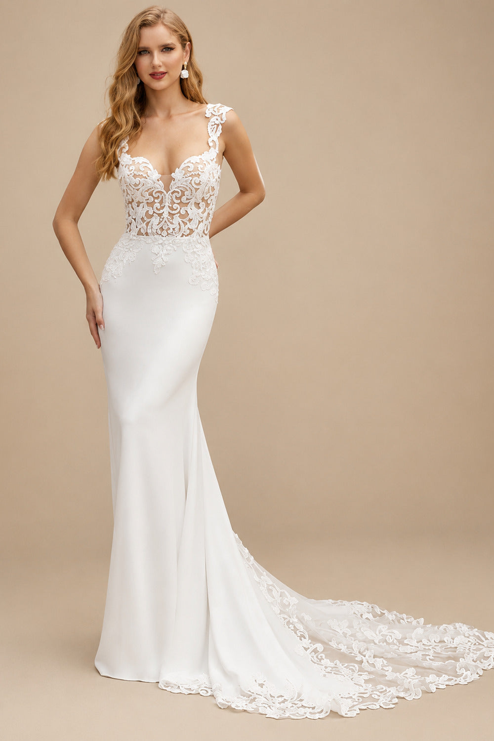 Rutipo Ivory Trumpet/Mermaid Sweetheart Elegant Lace/Elastic Satin Wedding Dresses