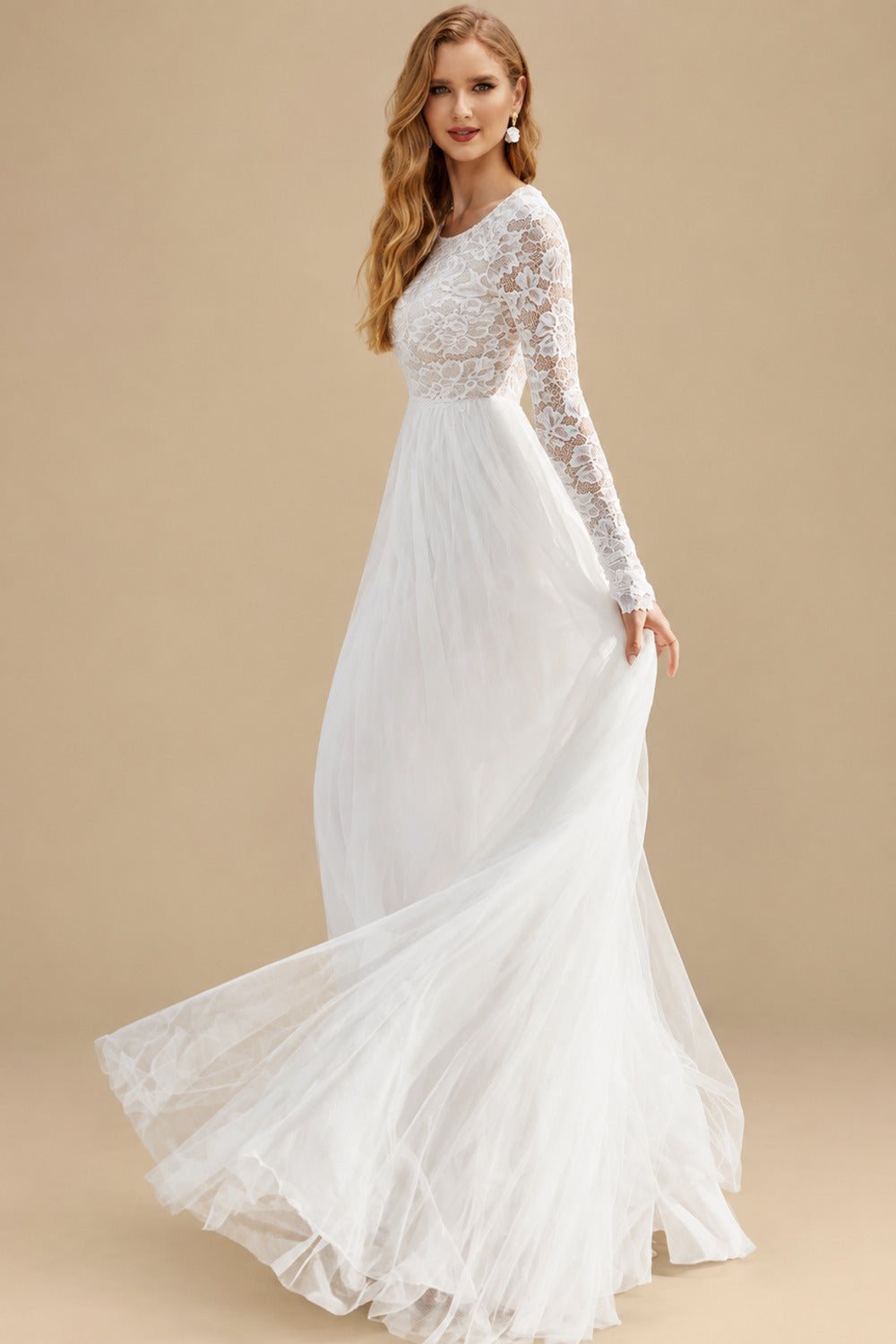 Rutipo As Picture Boho Beach Lace Tulle A-Line Wedding Dresses With Long Sleeves