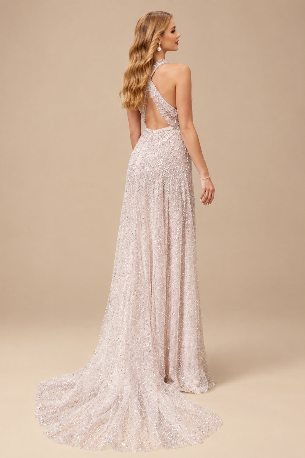 Rutipo As Picture A-Line Halter Sleeveless Sweep Train Sequined Wedding Dresses