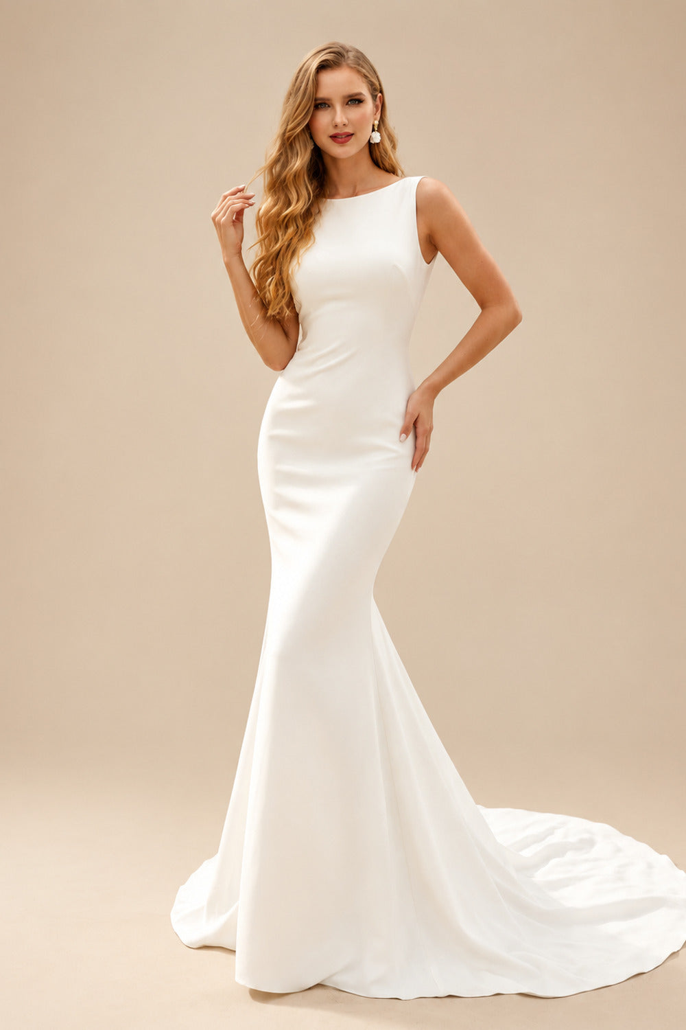 Rutipo Ivory Trumpet/Mermaid Scoop Neck Sleeveless Sweep Train Elastic Satin Wedding Dresses