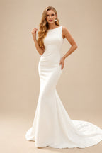 Rutipo Ivory Trumpet/Mermaid Scoop Neck Sleeveless Sweep Train Elastic Satin Wedding Dresses