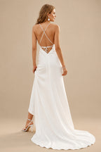 Rutipo Ivory Boho Beach Open Back Charmeuse Wedding Dresses With Spaghetti Straps V-Neck