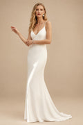 Rutipo Ivory Simple Boho Backless V-Neck Wedding Dresses With Elastic Satin