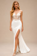 Rutipo Ivory Trumpet/Mermaid Illusion Neck Lace/Jersey Wedding Dresses With Split Front