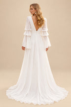 Rutipo Ivory A-Line Illusion Neck Long Sleeves Chiffon Elegant Wedding Dresses With Pleated