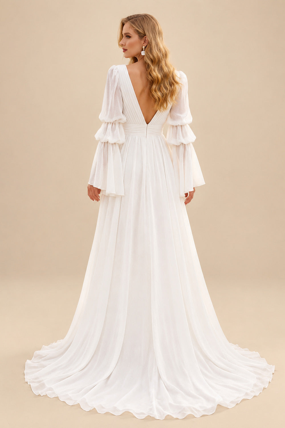 Rutipo Ivory A-Line Illusion Neck Long Sleeves Chiffon Elegant Wedding Dresses With Pleated