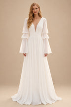 Rutipo Ivory A-Line Illusion Neck Long Sleeves Chiffon Elegant Wedding Dresses With Pleated