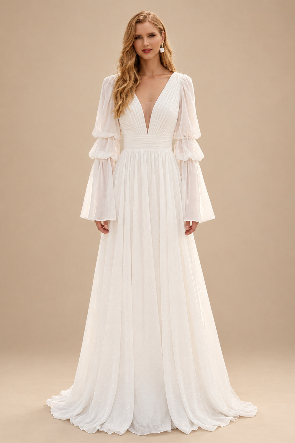 Rutipo Ivory A-Line Illusion Neck Long Sleeves Chiffon Elegant Wedding Dresses With Pleated