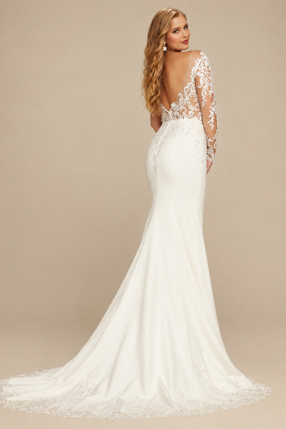 Rutipo Ivory Trumpet/Mermaid Illusion Neck Long Sleeves Lace/Elastic Satin Wedding Dresses