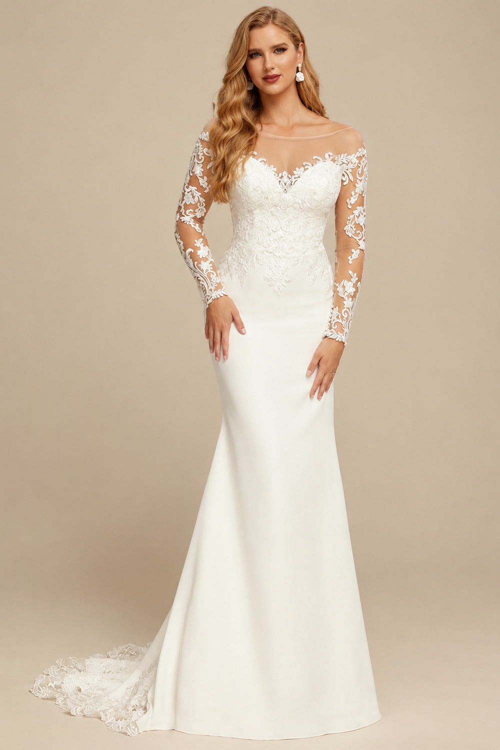 Rutipo Ivory Trumpet/Mermaid Illusion Neck Long Sleeves Lace/Elastic Satin Wedding Dresses