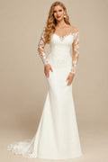 Rutipo Ivory Trumpet/Mermaid Illusion Neck Long Sleeves Lace/Elastic Satin Wedding Dresses