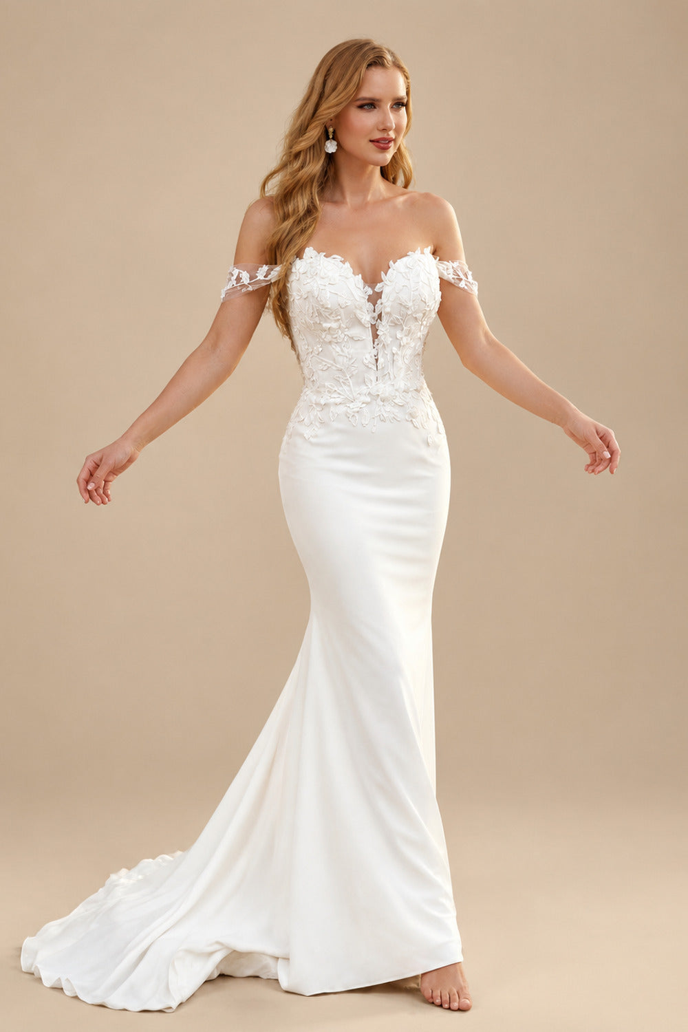 Rutipo Ivory Sheath Sweetheart Long Sleeves Sweep Train Lace/Elastic Satin Wedding Dresses With Lace