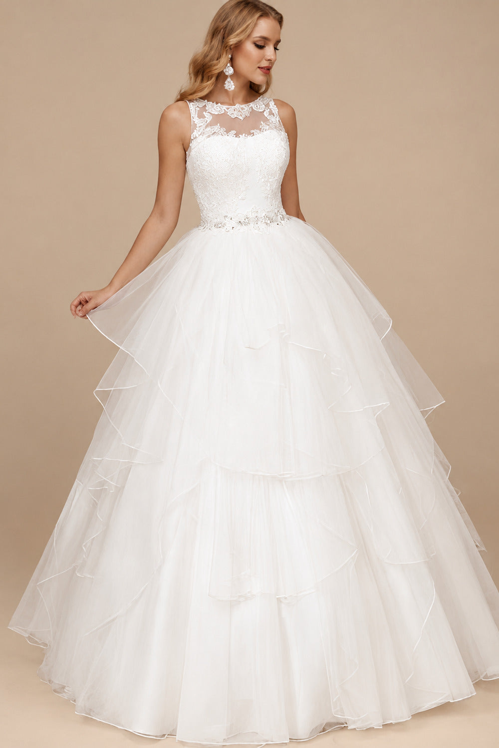 Rutipo Ivory Ball-Gown Scoop Neck Lace/Tulle Wedding Dresses With Cascading Ruffles