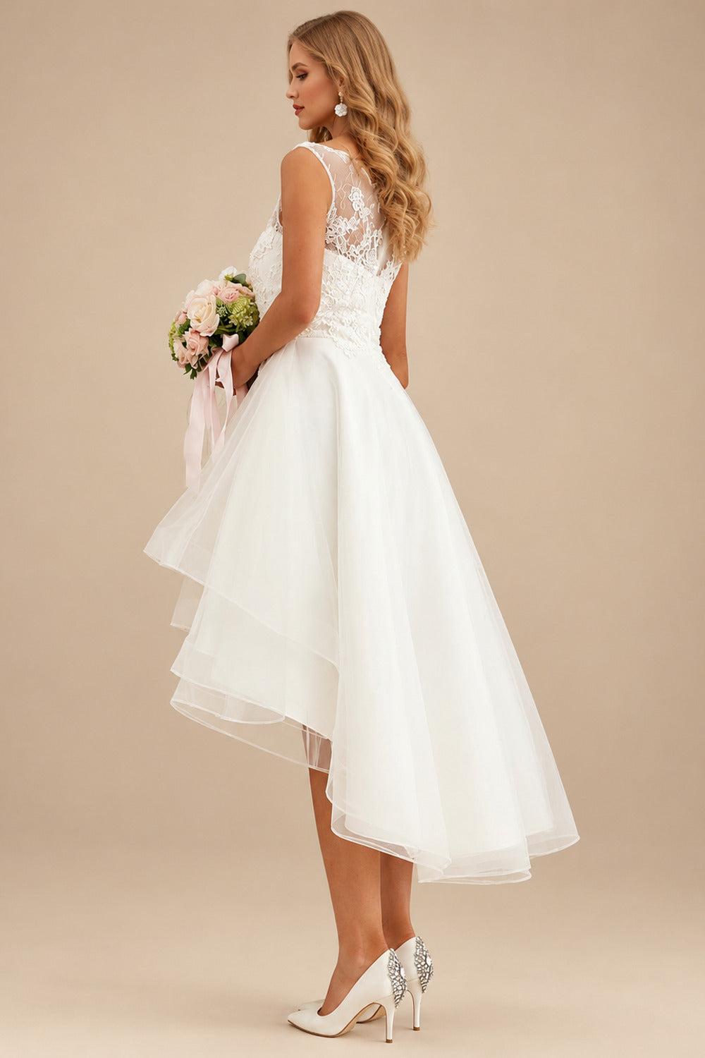 Rutipo Ivory A-Line Illusion Neck Asymmetrical Tulle Wedding Dresses With Appliques Lace