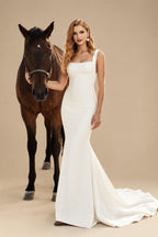 Rutipo Ivory Mermaid Square Neckline Sleeveless Sweep Train Elastic Satin Wedding Dresses