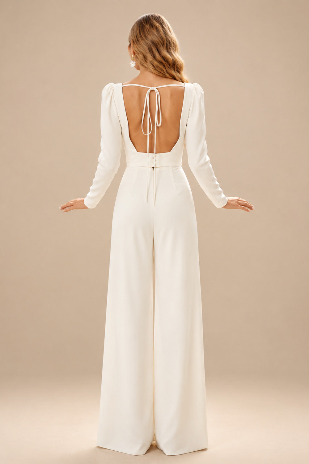 Rutipo Ivory Square Neckline Long Sleeves Floor-Length Wedding Jumpsuit