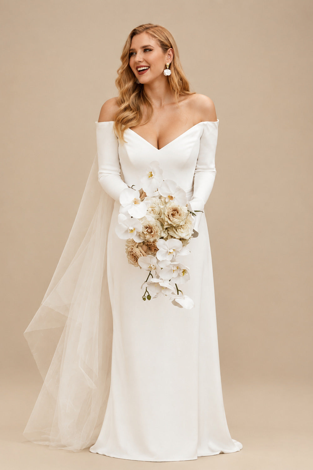 Rutipo Ivory A-Line Off-The-Shoulder Long Sleeves Court Train Elastic Satin Wedding Dresses