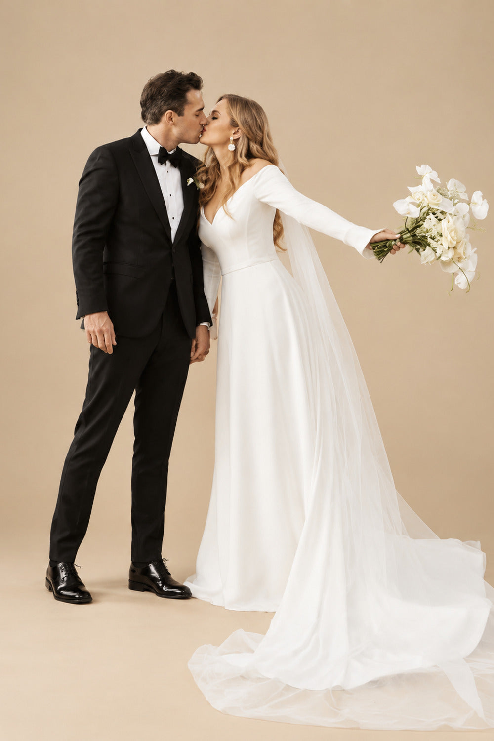 Rutipo Ivory A-Line Off-The-Shoulder Long Sleeves Court Train Elastic Satin Wedding Dresses