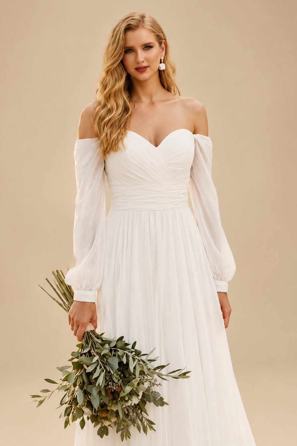 Rutipo Ivory A-Line Off-The-Shoulder Long Sleeves Wedding Dresses With Chiffon Slit