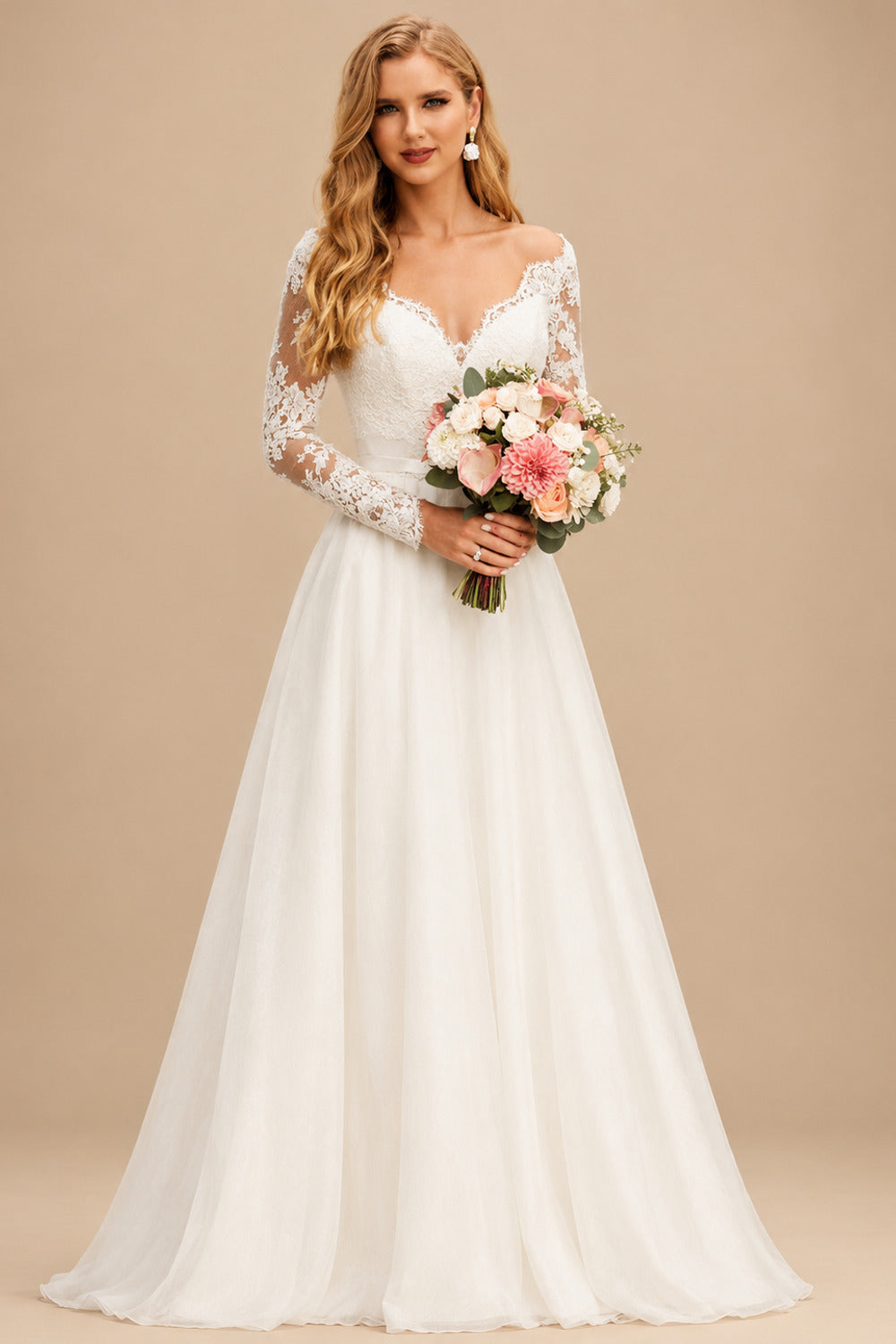Rutipo Ivory Boho Lace Long Sleeves Princess Wedding Dresses